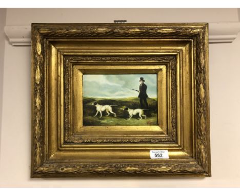 A gilt framed over painted print depicting huntsman with two dogs, 17 cm x 12 cm 