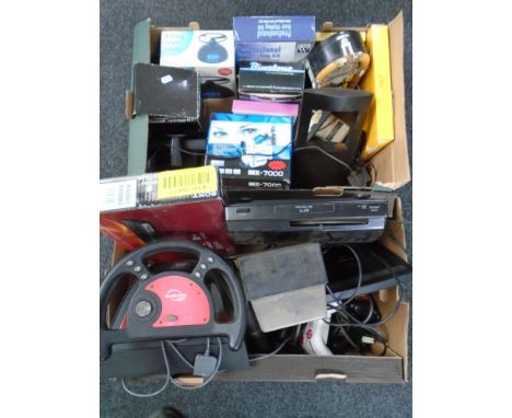 Two boxes containing assorted electricals including DVD player, Gamester computer steering wheel, alarm clock, clock radio, P