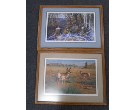 A signed limited edition print after Michael Sieve : Oak Ridge Battle, depicting two stags rutting, in frame and mount togeth