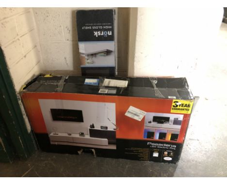 A Pasadena LED electric fireplace (boxed, AF) together with a Norsk high gloss shelf (boxed).