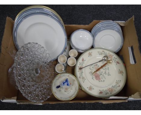 A box containing Royal Doulton Romsey and Minton Jasmine dinnerware, glass comport, caddy spoon etc.