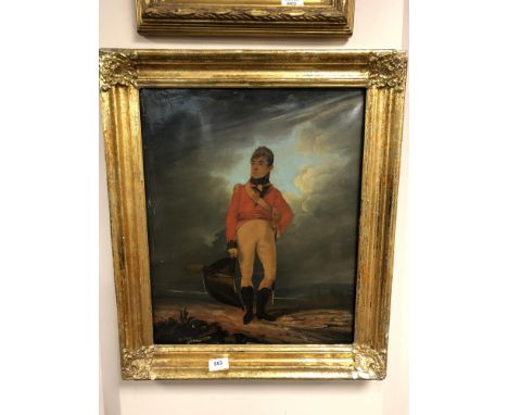 A gilt framed over painted print laid to canvas depicting a soldier, 40 cm x 49 cm 