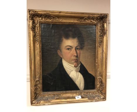 A 19th century portrait of a gentleman, an over painted print, 36 cm x 44 cm 