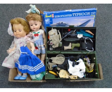 A box containing Revell modelling kit of a Typhoon, mid-20th century dolls, a plastic Action Man chest containing clothes and