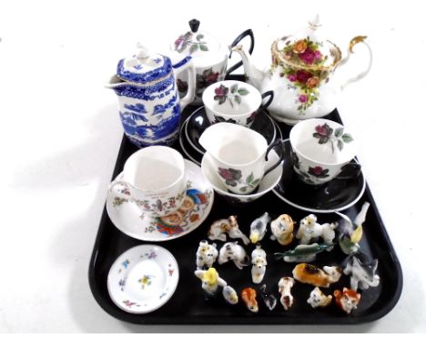 A tray containing assorted ceramics including Royal Albert tea for two, Royal Albert Old Country Roses teapot, Ringtons jug, 