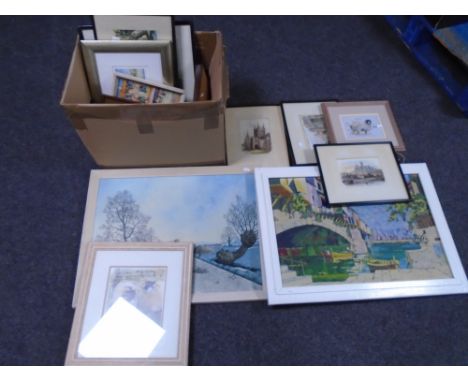 A box containing assorted pictures prints including signed prints, oil-on-board Venice canal scene, limited edition print aft