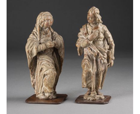 JOHANNES UND MARIA Süddeutsch oder Österreich, 17./18. Jh. Holz, vollplastisch geschnitzt, auf quadratischer Holzplatte.   H.
