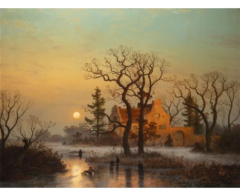 GUSTAV LANGE1811 Mühlheim - 1887 DüsseldorfWinterlandschaft im Mondschein mit Figuren auf dem zugefrorenen See Öl auf Leinwan