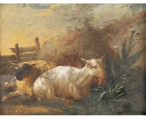 SÜDDEUTSCHE SCHULE DES 18.JH.LANDSCHAFT MIT RUHENDEN ZIEGEN UND SCHAFEN Öl auf Hartholztafel. 16,5 x 21 cm (R. 31 x 37 cm). R