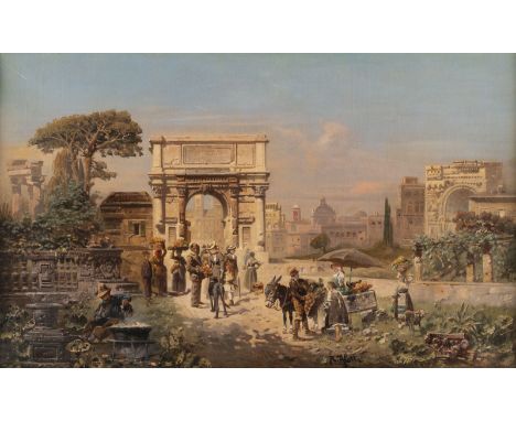 ROBERT ALOTT1850 Graz - 1910 WienMarktszene vor dem Titusbogen in Rom Öl auf Leinwand (doubl.). 44 x 70 cm (R. 56 x 83 cm). S