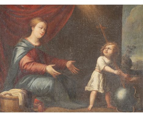 SPANISCHE SCHULE, UM 1700MARIA EMPFÄNGT DAS CHRISTUSKIND, WELCHES EIN KREUZSTAB IN SEINEN HÄNDEN HÄLT, ZU FÜSSEN LIEGT DIE WE