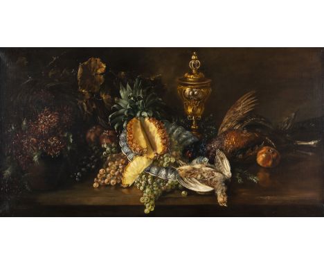 RUDOLF PETUEL1870 - 1937Großes Stillleben mit Ananas und Wild Öl auf Leinwand (doubl.). 66 x 123 cm (R. 79 x 137). Signiert u