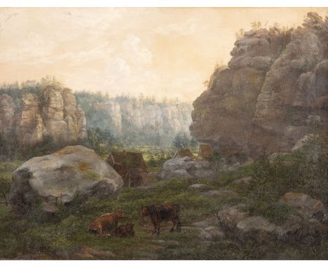 JOHANN GEORG WAGNER26. Oktober 1744 Meißen - 14. Juni 1767 EbendaLANDSCHAFT IM ELBSANDSTEINGEBIRGE (?) MIT BAUERNHÄUSERN UND 