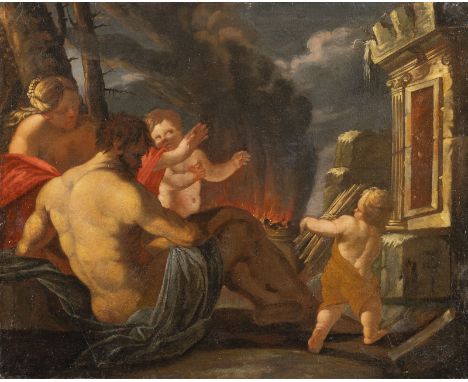 FRANKO-ITALIENISCHE SCHULE, UM 1700HEPHAISTOS WIRD VON EROS ABGELENKT Öl auf Leinwand (altdoubl.). 76 x 96 cm (R. 80,5 x 100,