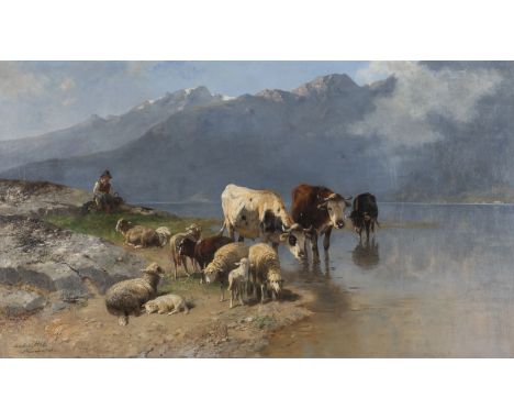 CHRISTIAN FRIEDRICH MALI1832 Broekhuizen - 1906 MünchenHirtenjunge mit Herde am Ufer des Achensee in Tirol (1892) Öl auf Lein
