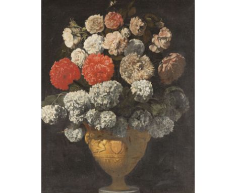 ITALO-FLÄMISCHE SCHULE DES SPÄTEN 18. JH.STILLLEBEN MIT BLÜHENDEN HORTENSIEN UND ROSEN IN EINER AMPHORENVASE Öl auf Leinwand 