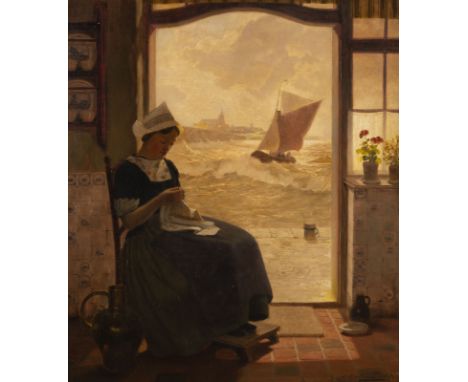 PETER PULM1882 Düsseldorf - 1960 ebendaHolländerin an der Tür vor Meeresstrand Öl auf Leinwand. 81 x 71 cm (R. 97 x 88 cm). S