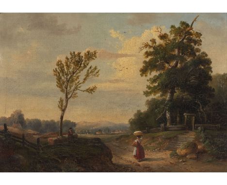 DEUTSCHTätig Mitte 19. Jh.Landschaft mit einer Straße und einer Stadt in der Ferne Öl auf Leinwand. 33 x 46 cm (R. 49 x 63 cm