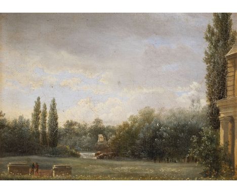 FRANZÖSISCHE SCHULEFrühes 19. Jh.Parkansicht mit architektonischen Details (1818) Öl auf Leinwand. 15 x 20 cm (R. 30 x 35 cm)