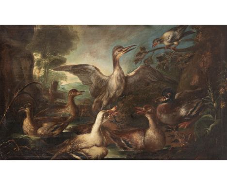 DEUTSCH-FRANZÖSISCHE SCHULE, UM 1800ENTEN UND WASSERVÖGEL AM SEEUFER Öl auf Leinwand. 77 x 129 cm (R. 88 x 138 cm). Part. min