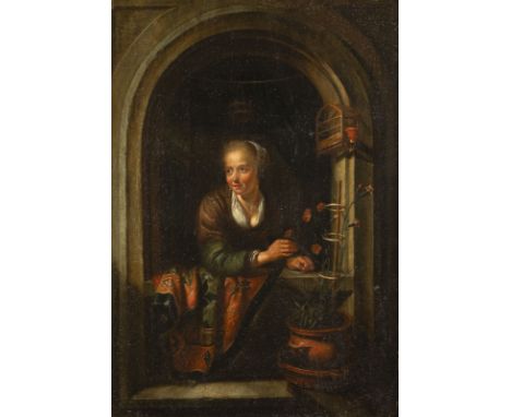 WAHRSCHEINLICH GERARD DOU UND STUDIO7. April 1613 Leiden - 9. Februar 1675 EbendaMÄDCHEN AM FENSTER, EINE NELKE PFLÜCKEND Öl 