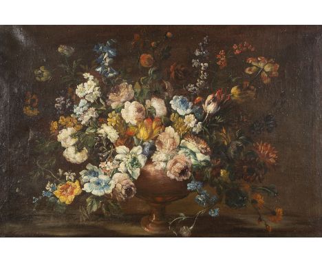 IM STILE DER ITALIENISCHEN BAROCKMALEREI DES 17. JH.GROSSES BLUMENSTILLLEBEN MIT TAZZA Öl auf Leinwand . 70 x 106 cm (R. 77 x