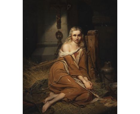 JEAN JACQUES BEKKERS1814 - 1872Junge Frau umgeben von den Symbolen des christlichen Glaubens in einem Gefängnis (wohl 1851) Ö