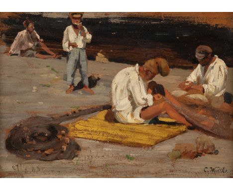 CARL WUTTKE1849 Trebnitz (Schlesien) - 1927 München'Fischer am Strand von Neapel' (1883) Öl auf Holz. 23,5 x 32 (R. 37 x 46 c