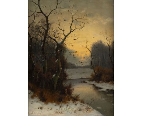 EDUARD HEIN1854 - 1918 Tätig in DüsseldorfAbendstimmung im Winterwald Öl auf Leinwand. 36 x 28 cm (R. 58 x 50 cm). Signiert u
