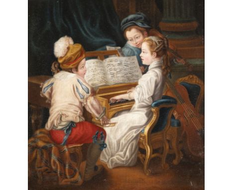 FRANZÖSISCHE SCHULE DES 18. JH.ALLEGORIE DER MUSIK - DREI KINDER BEIM MUSIZIEREN Öl auf Leinwand (doubl.). 54,5 x 50,5 cm (R.