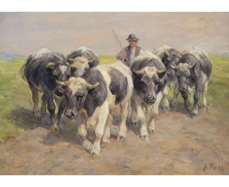 GEORG WOLF1882 Niederhausbergen - 1962 UelzenBauer mit Kühen Öla auf Hartfaserplatte. 37 x 50 cm (R. 54 x 68 cm). Signiert un