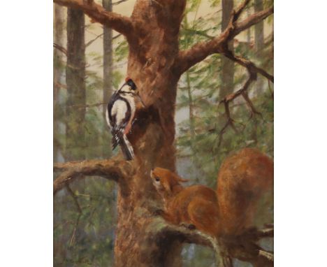 GEORGE MAJEWICZ1897 Polkwitz - 1973 BerlinEichhörnchen und Specht Öl auf Leinwand. 60 x 50 cm (R. 77 x 67 cm). Signiert unten