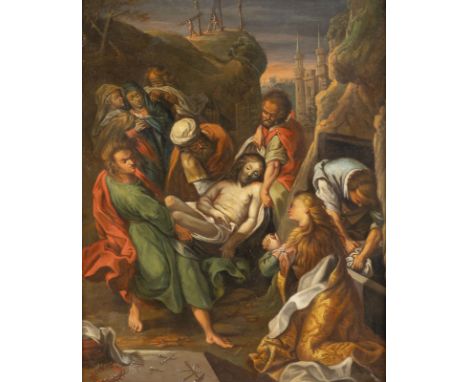 WOHL FLÄMISCHE SCHULE DES 18. JH.GRABLEGUNG UND BEWEINUNG CHRISTI Öl auf Kupfertafel. 48,5 x 38,5 cm (R. 57 x 47 cm). Part. l