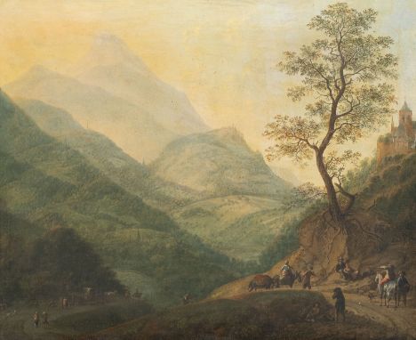 CHRISTIAN GEORG SCHÜTZ (ATTR.)1718 Flörsheim - 1791 Frankfurt/MainGEBIRGSLANDSCHAFT MIT BAUERN UND REISENDEN Öl auf Leinwand 