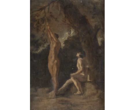 UNBEKANNTER KÜNSTLERTätig um 1900Zwei Akte in einer Landschaft Öl auf Holztafel aus dem 17. Jh.. 26 x 20 cm (R. 53 x 46 cm). 