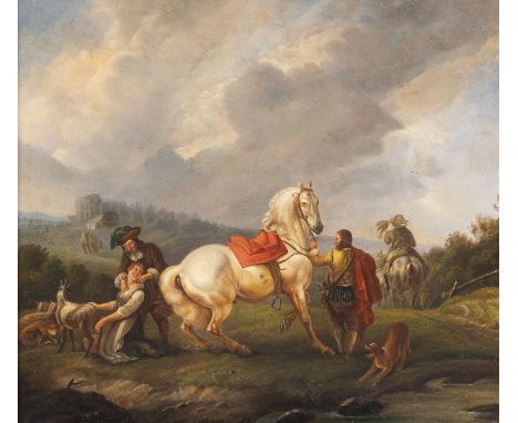 PHILIPS WOUWERMAN (NACHFOLGER DES 19. JH.)1619 Haarlem - 1668 EbendaSCHÄFERSTÜNDCHEN BEI DER JAGD Öl auf Holztafel. 34 x 38,5