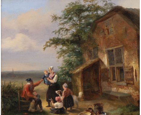 BERNARDUS THEODORUS VAN LOO (ATTR.)niederländisch, 1816 - 1892 Familie vor einem Gehöft Öl auf Holz. 28,5 x 32 cm (R. 53 x 59