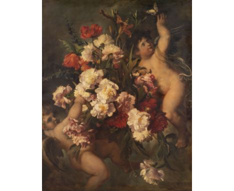 LUDWIG ADAM KUNZ1857 Wien - 1929 MünchenZwei Amoretten mit einem Blumenkorb (1904) Öl auf Leinwand. 100 x 126 cm (R. 176 x 14