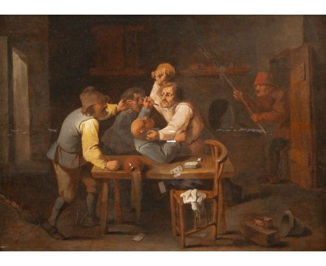 FRANS DE JONGErste Erwähnung 1666 Niederlande - 15.01.1705 HaarlemRAUFENDE BAUERN IM WIRTSHAUS NACH DEM KARTENSPIEL Öl auf Ei