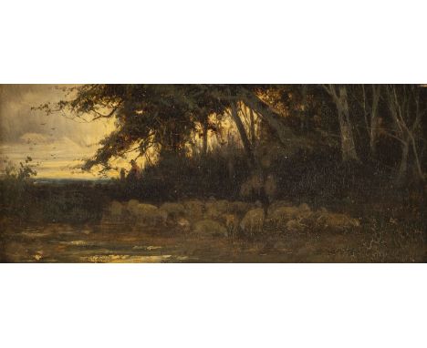 FRIEDRICH OTTO GEBLER1838 Dresden - 1917 MünchenSchafhirte und seine Herde im Abendlicht Öl auf Holz. 10,5 x 23,5 cm (R. 26 x