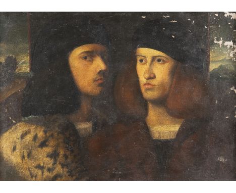 IN DER ART DER VENEZIANISCHEN MALEREI DES FRÜHEN 16. JH.DOPPELPORTRAIT ZWEIER JUNGEN MÄNNER Öl auf Leinwand (altdoubl.). 46 x