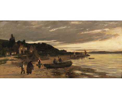 JOACHIM HEINRICH WRAGE1843 Hitzhusen - 1912 GremsmühlenBlick auf ein Fischerdorf im Abendlicht (1873) Öl auf Holz. 62 x 30 cm