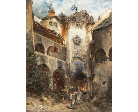 ROBERT ALOTT1850 Graz - 1910 WienGasse mit Torturm und Staffage (1879) Öl auf Holz. 50 x 39  cm (R. 55 x 44 cm). Signiert und