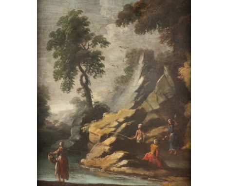 NORDITALIENISCH/VENEZIANISCHE SCHULE UM 1700WÄSCHERINNEN UND ANGLER AM FLUSSUFER Öl auf Leinwand (doubl.). 61 x 51 cm (R. 72 