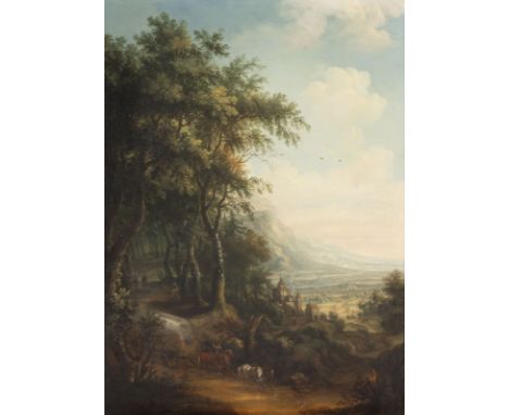 JOHANN KASPAR SCHNEIDER (ATTR.)19. April 1753 Mainz - 24. Februar 1839 EbendaLANDSCHAFT MIT PFERDEFUHRWERK. RECHTS BLICK AUF 