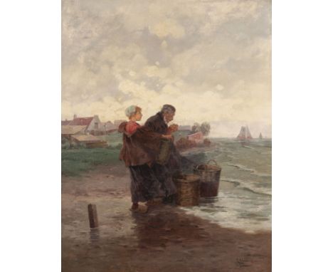 RUDOLF ANDRIZNiederländisch, tätig Ende 19./ Anfang 20.Jh.Beim Warten auf Fischerboote Öl auf Leinwand. 70 x 56 cm (R. 84 x 7