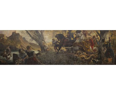 FERDINAND WAGNER1847 Passau - 1927 MünchenMonumentales Gemälde. Hirschjagd Öl auf Leinwand, doubl. auf Holz. SM 118 x 380 cm 