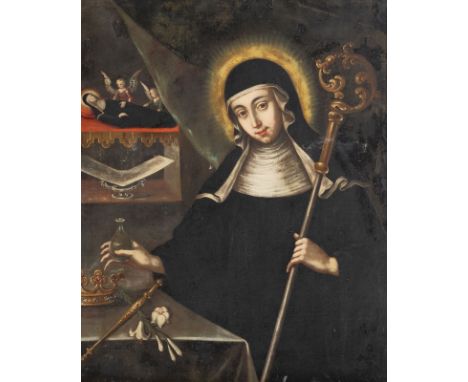 ÖSTERREICHISCHE SCHULE DES 18. JH.DIE HEILIGE WALBURGA Öl auf Leinwand (doubl.). 85 x 68,5 cm (R. 100 x 83 cm). Part. min. al