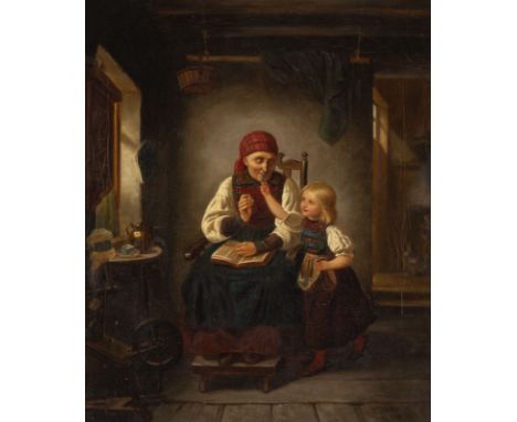HUBERT SALENTIN1822 Zülpich - 1910 DüsseldorfKleines Mädchen zeigt ihrer Großmutter die Wildblumen (1854) Öl auf Leinwand. 43