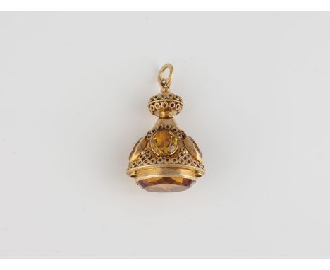 ANHÄNGER Gelbgold. L. 4,0 cm, Ges.-Gew. ca. 15,0 g. Geprüft 18 K. Fünf oval facettierte gelbe und orangefarbene Saphire,  vie